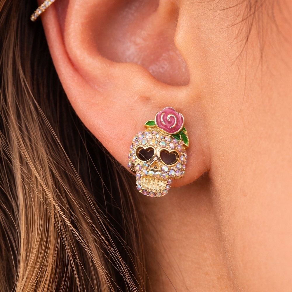 💀✨ Y2K Crystal Skull Stud Earrings – Pink Rose - Picture 3 of 5